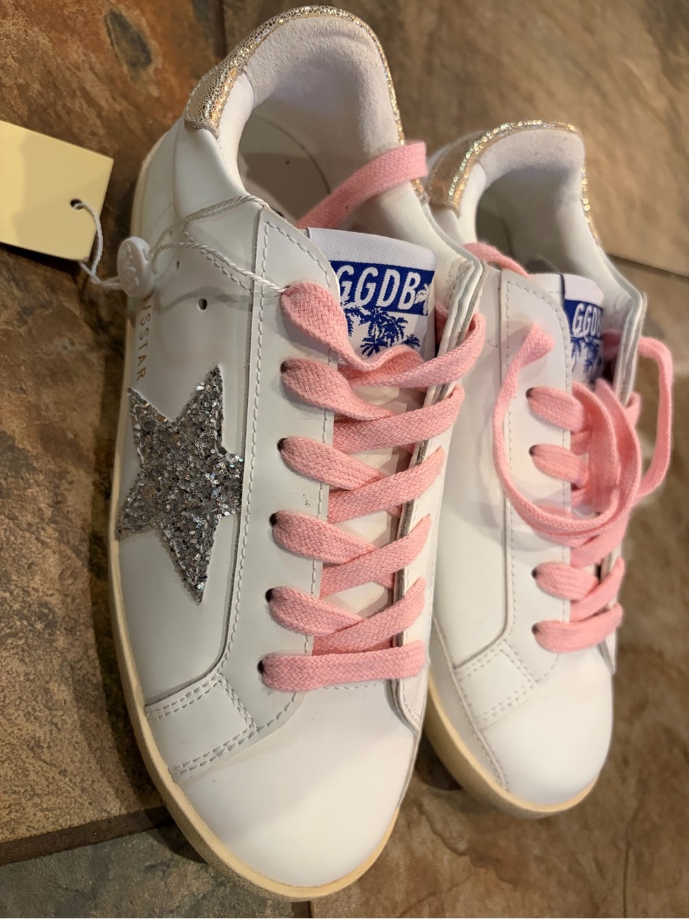 Golden Goose White Leather Sneakers with Pink Laces and Silver Glitter Star
